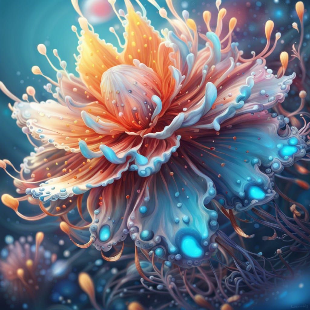 Luminous Liquid Creature with Flying Petals
