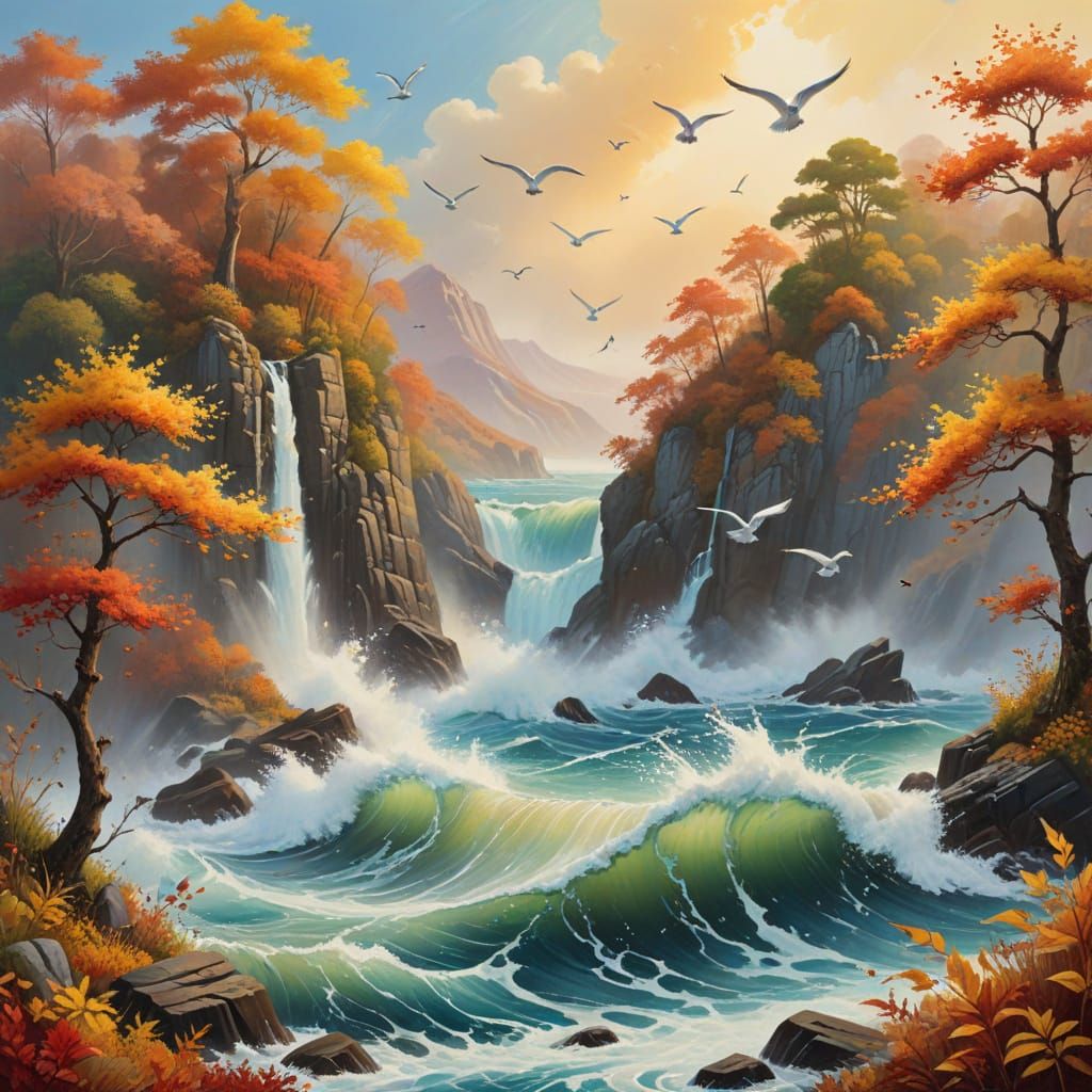 Surreal Gouache Painting of Autumn Hourglass with Waterfall ...