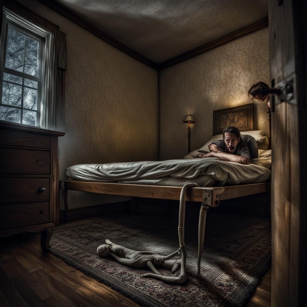 Chilling Figure Hiding Under Bed in Hyperrealistic Style