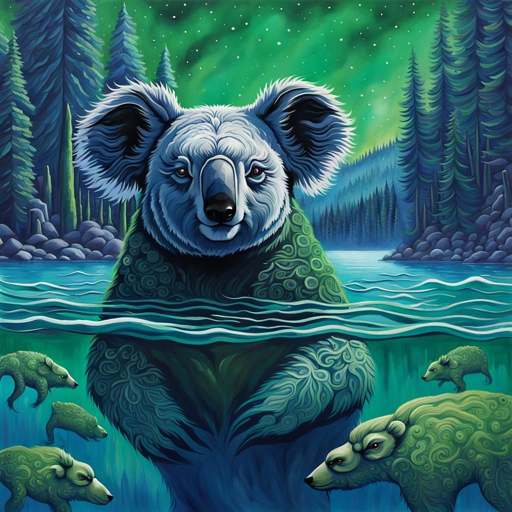 Indigo Koala Monsters in Emerald Lake: Sci-Fi Impasto