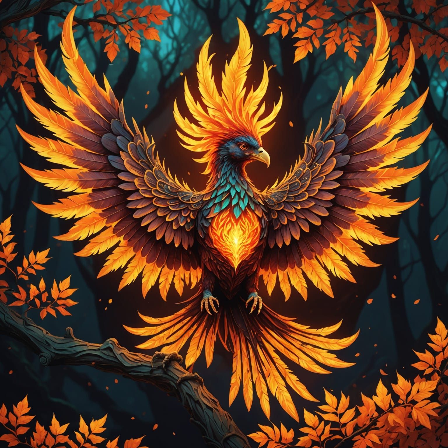 Fiery Phoenix Bird Transforming into Tree