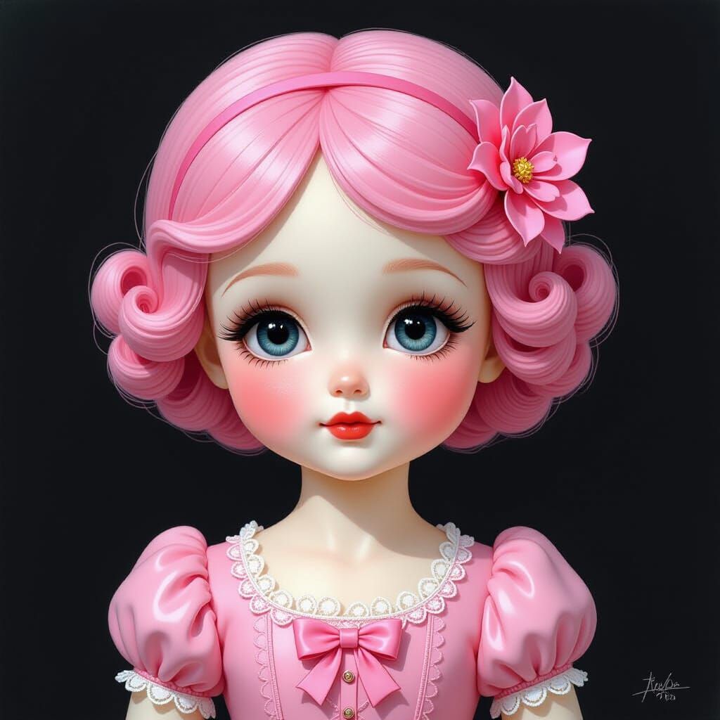 Cartoon Pink China Doll in Charcoal Drawing Style