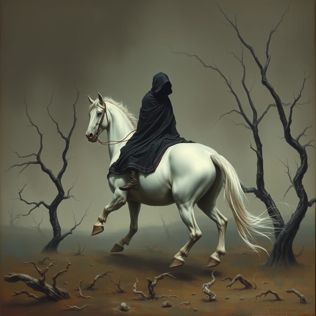 Ethereal Pale Horse Ride Through Haunting Landscape