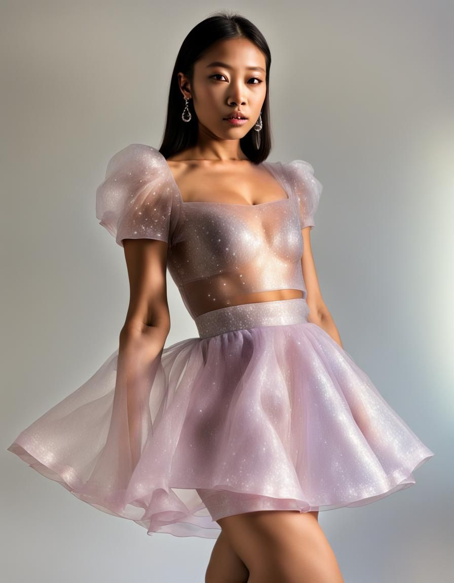 Sparkly Organza Mini Dress with Metal Waist Band