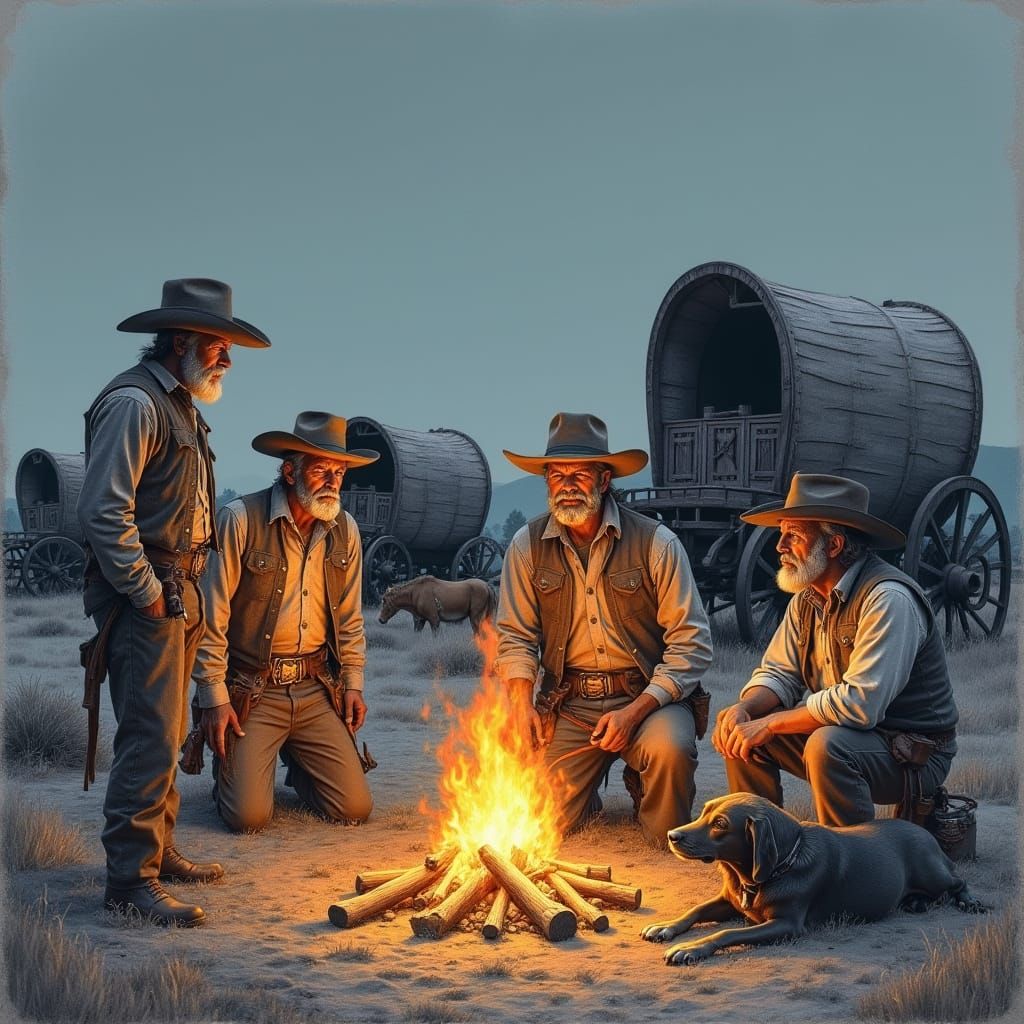 Rugged Cowboys Gather Around a Campfire in a Pencil Drawing ...