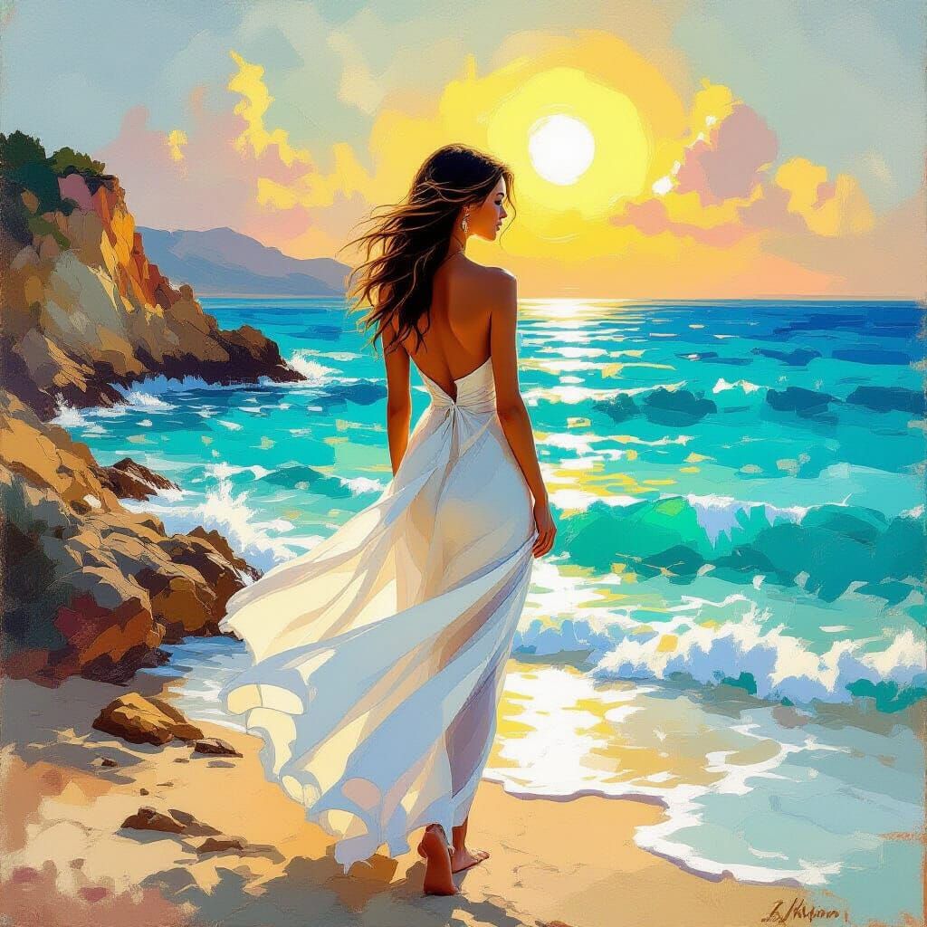 Woman on Lampedusa Shore in Flowing White Dress
