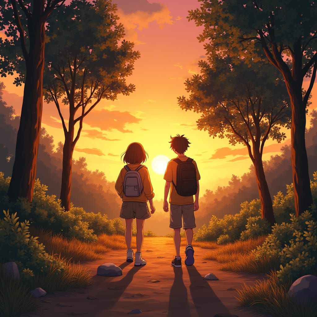 Friends Walking in Bush at Sunset in Vibrant Anime Style