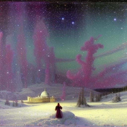 Snow Under Nebula Sky with Aurora Borealis