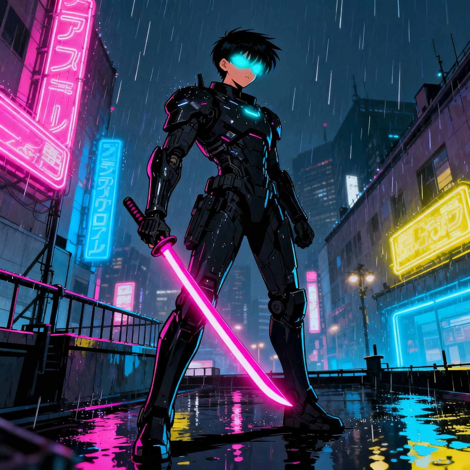 Anime Warrior on Rainy Rooftop with Neon Eyes and Katana