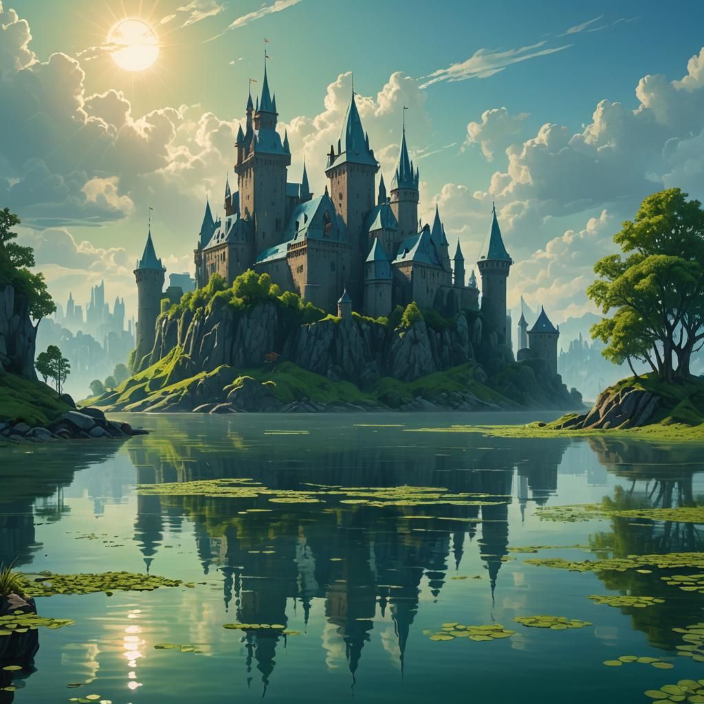Fantasy Castle and City on Island Lake