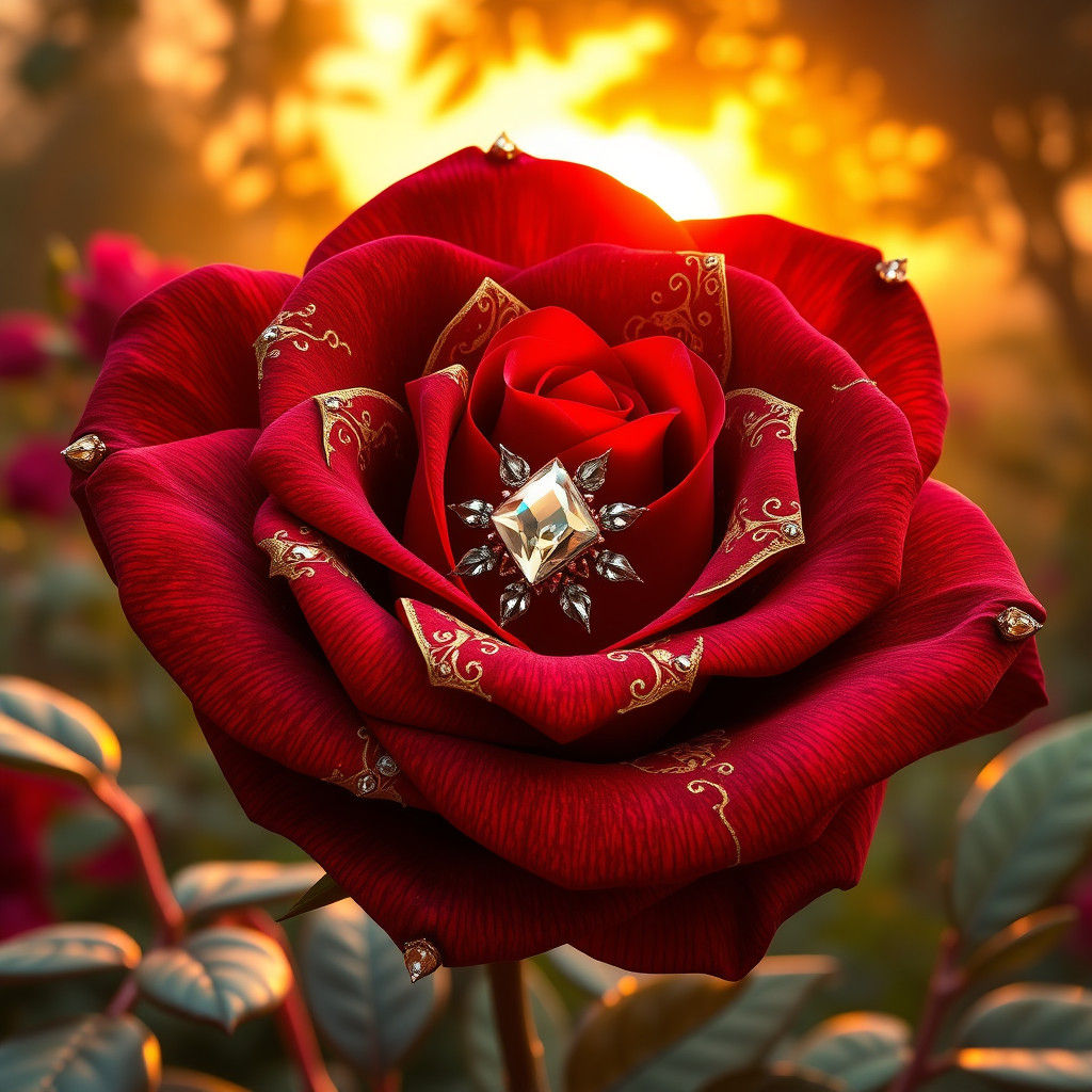 Exotic Red Rose with Gold Filigree and Diamonds