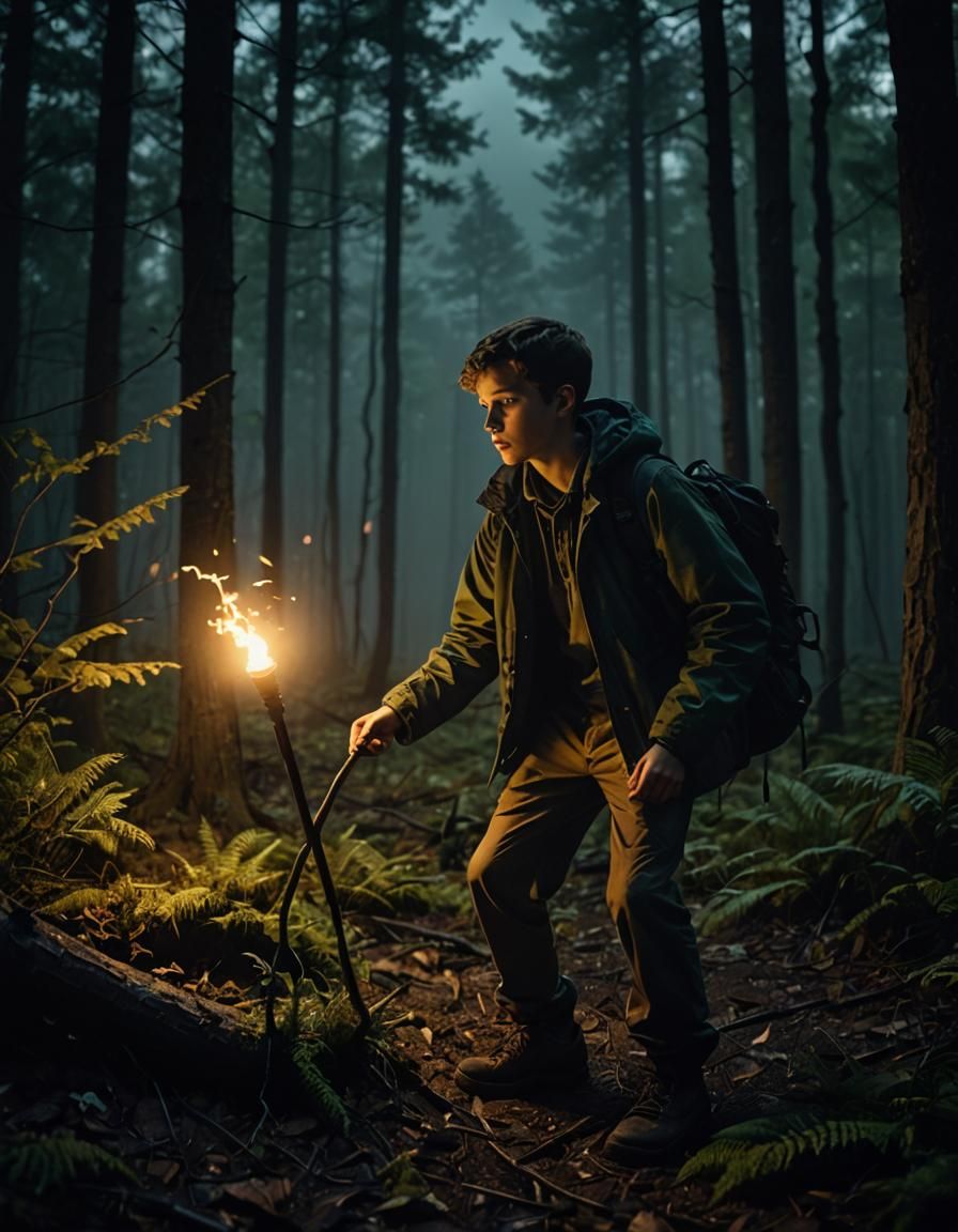 Boy with Torch in Dark Forest: Cinematic Film Still