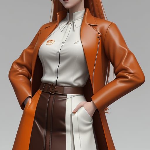Anime Woman in Vibrant Orange and Brown Outfit