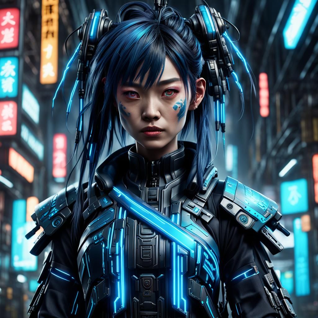 Cyberpunk Japanese Woman with Blue Highlights