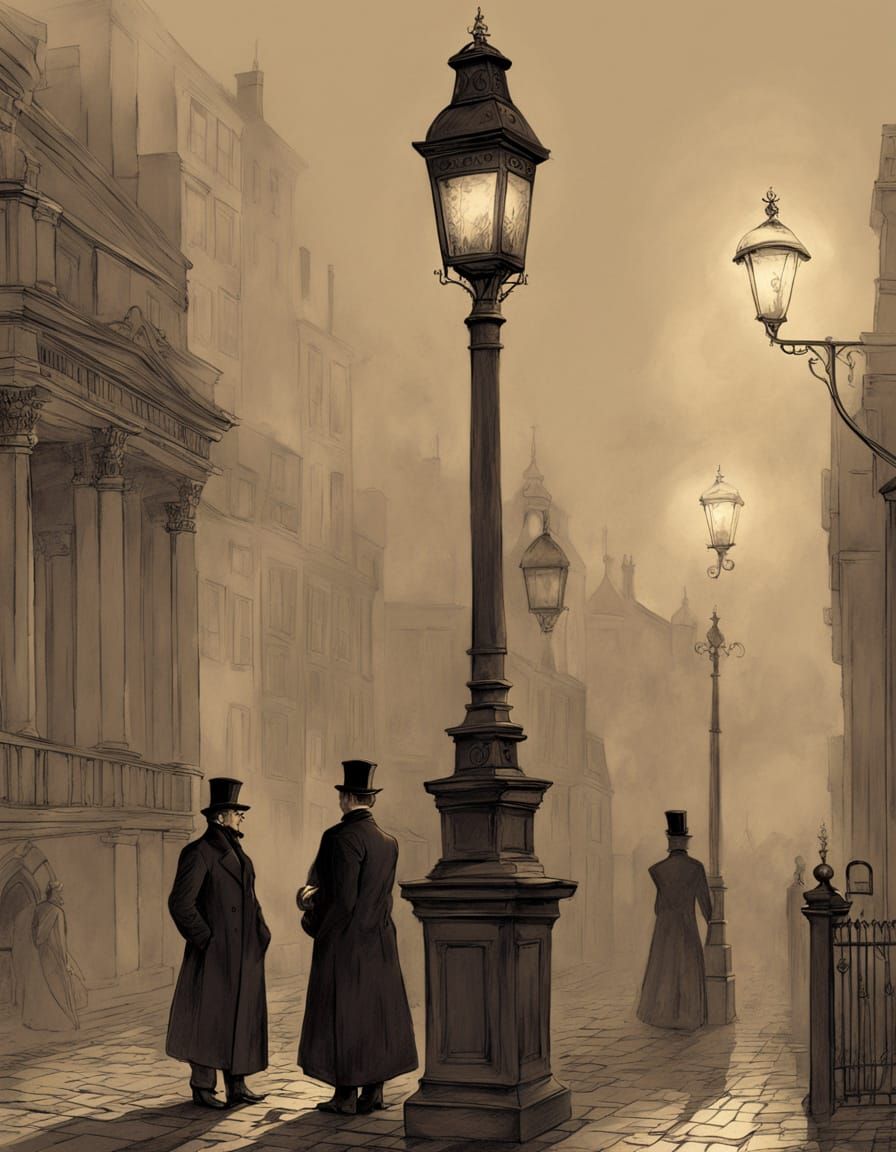 Elegant Woman on Foggy Victorian Street in John Tenniel's St...