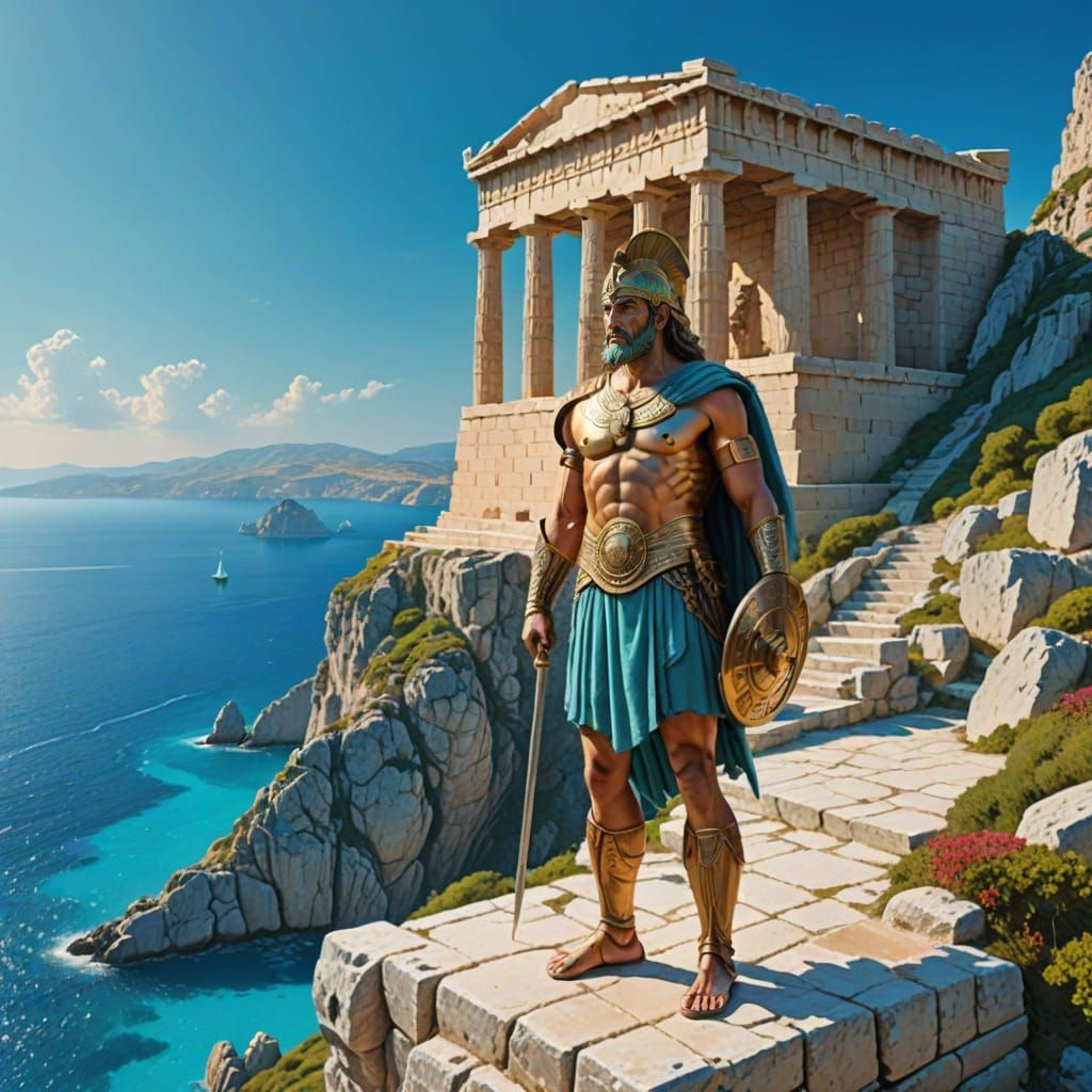 Ancient Greek Warrior and Temple with Turquoise Sea