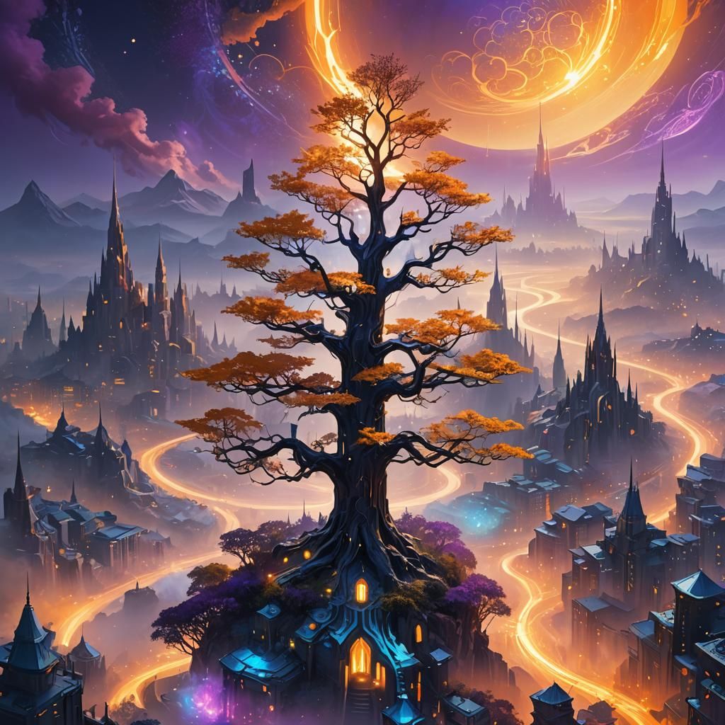 Futuristic Cityscape with Glowing Tree, Digital Art