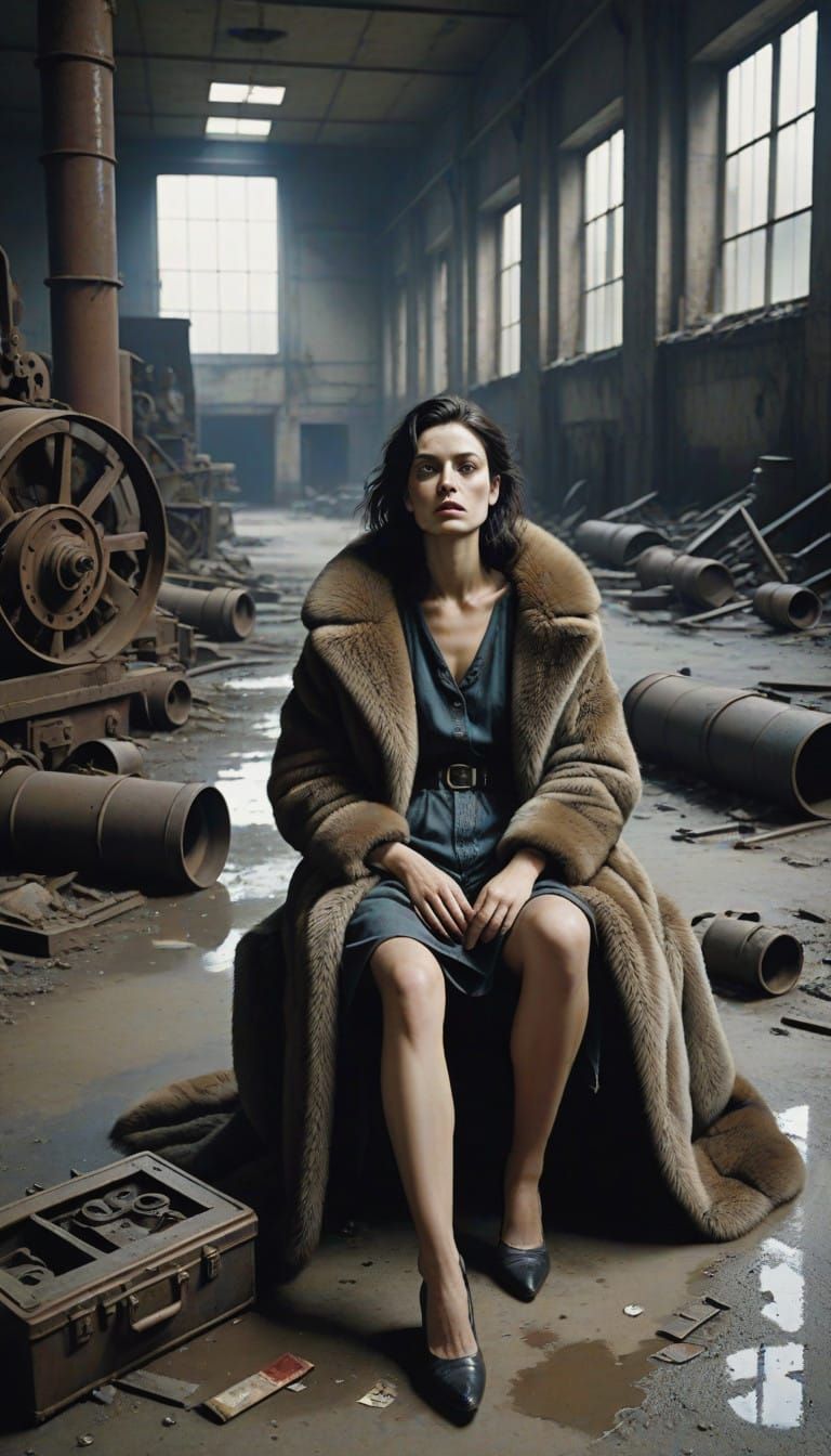 Luxurious Decay: Sable Clad Girl Amidst Soviet Ruins