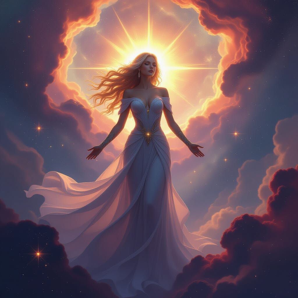 Celestial Goddess Radiating Cosmic Energy in Nebula