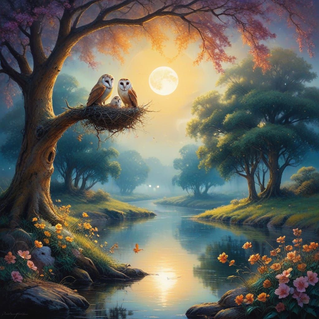 Barn Owls Bask in Golden Moonlight