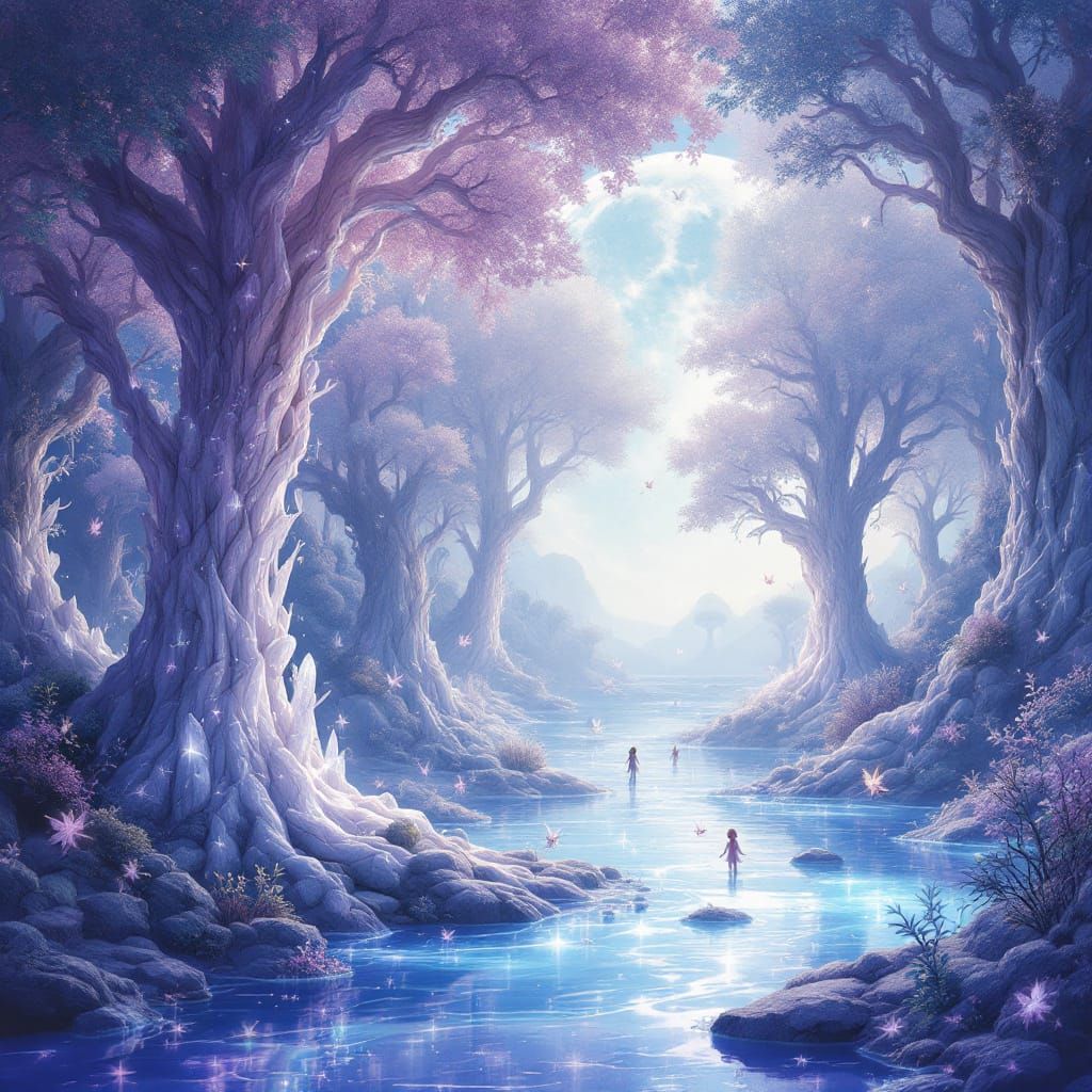 Surreal Crystal Trees Emerge From Liquid Moonlight Sea