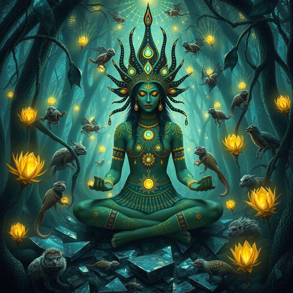 Mystical Shaman Meditating in Bioluminescent Forest
