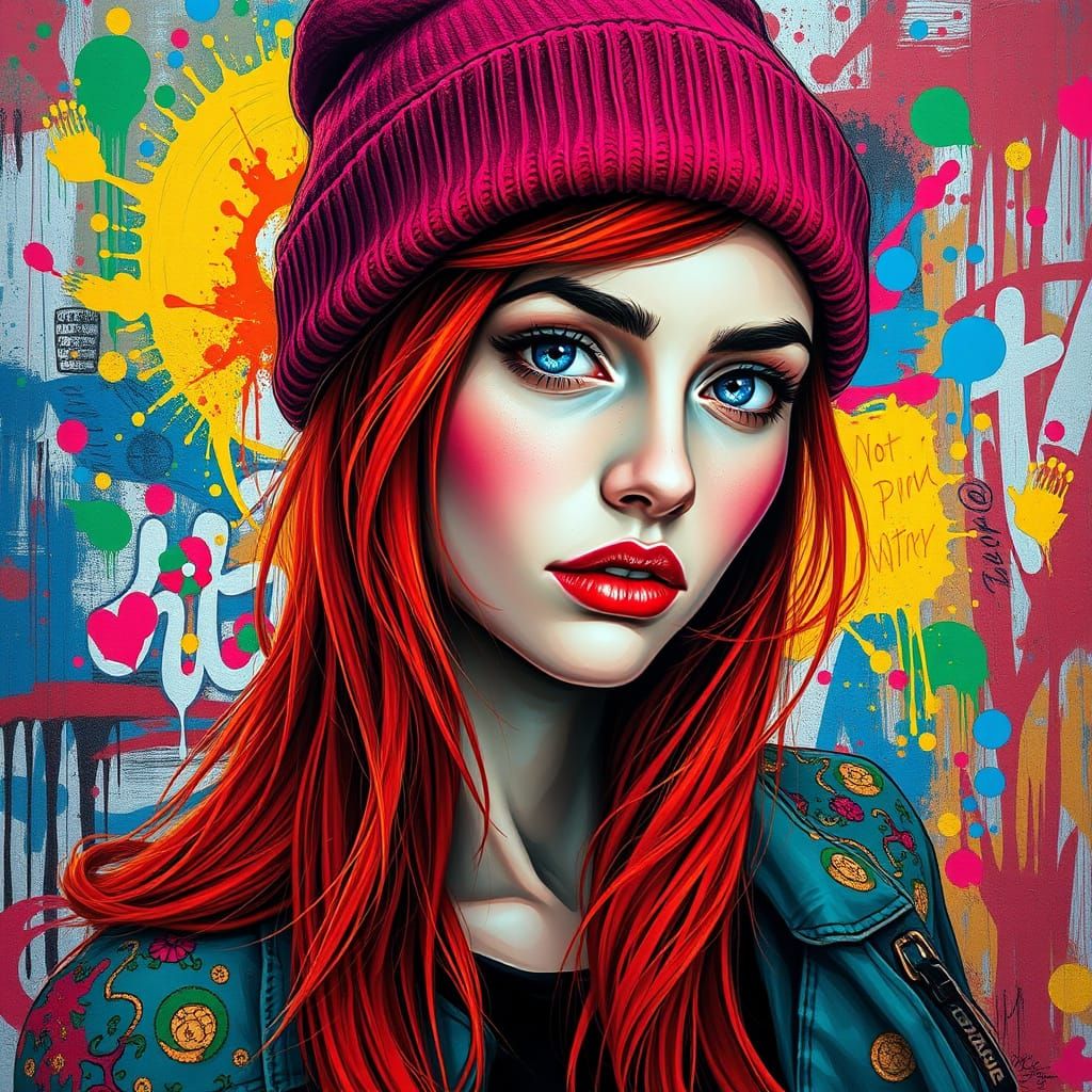 Vibrant Woman with Fiery Red Hair and Bold Street Art Style
