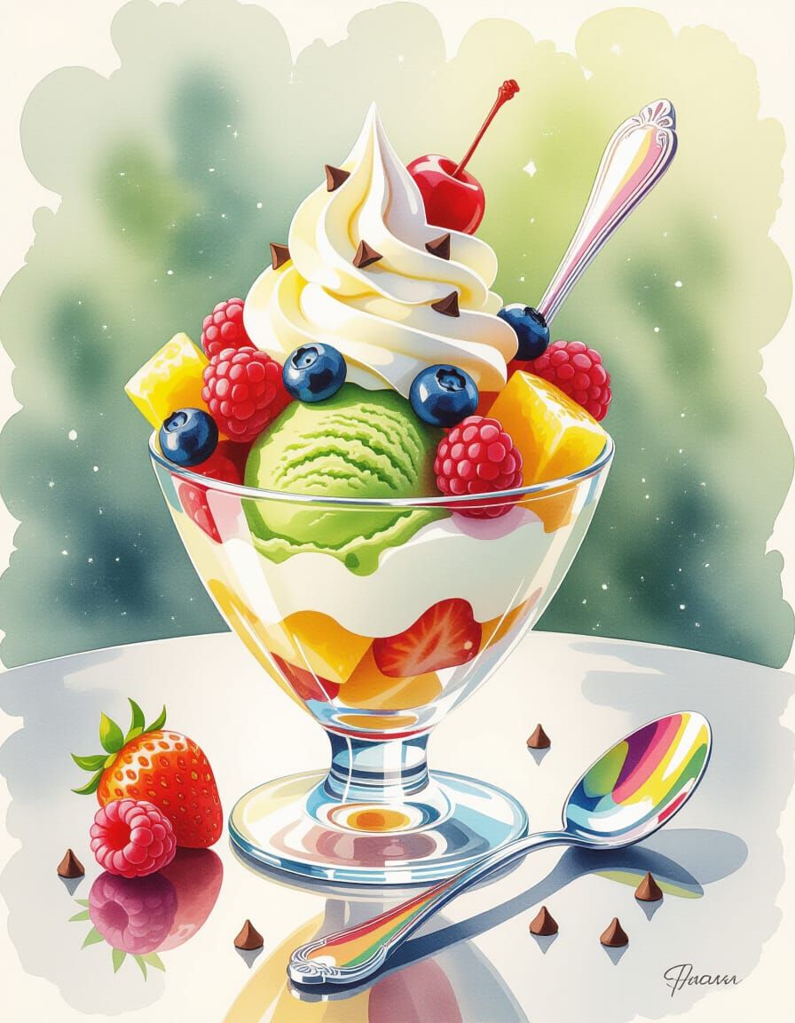 Matcha Vanilla Parfait in Watercolor Splash Art Style