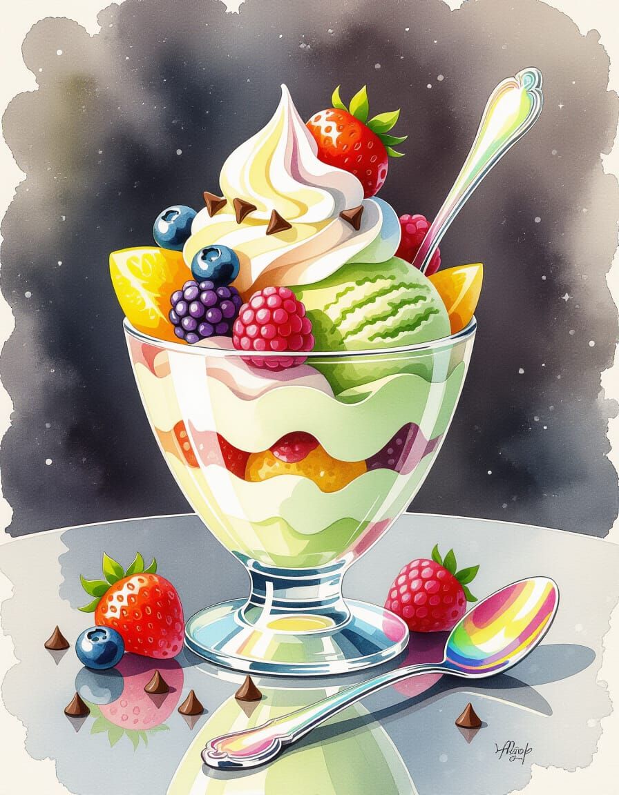 Matcha Parfait in Watercolor Splash Art Style