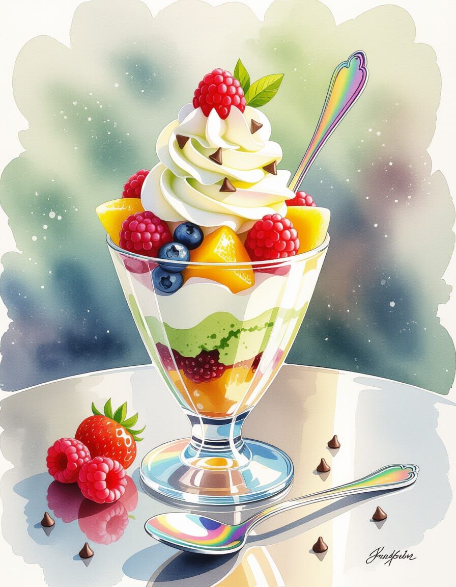 Matcha Vanilla Parfait in Watercolor Splash Art