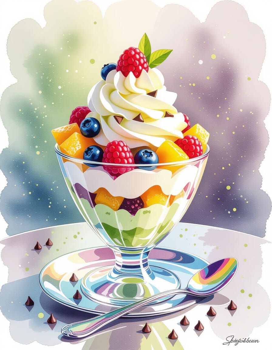 Matcha Vanilla Swirl Ice Cream Parfait in Watercolor Style
