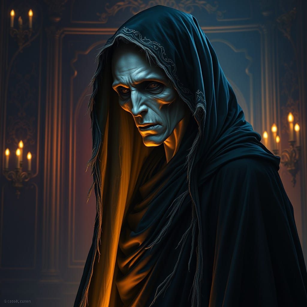 Mysterious Figure in Tattered Robes Standing in a Dark, Orna...