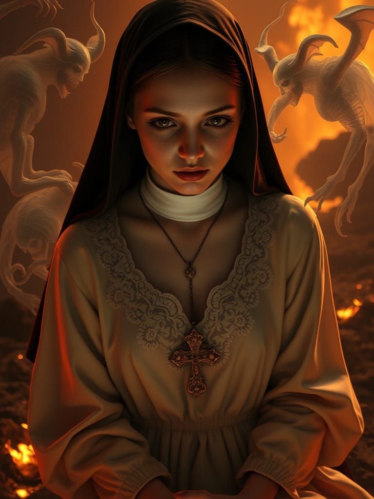 Nun Praying in Fiery Gehenna: Hyperrealistic Charcoal Art