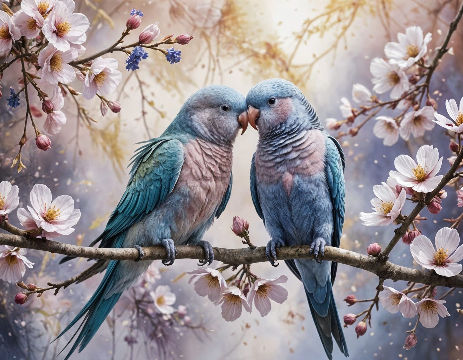 Parakeets in Cherry Blossoms, Watercolor Painting