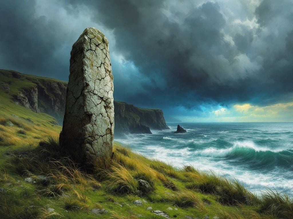 Weathered Menhir on Windswept Cliffside