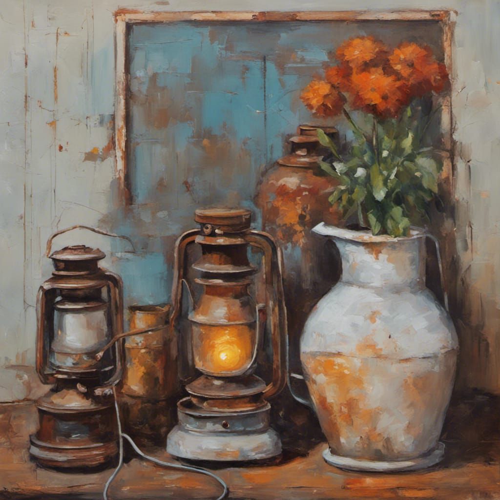 Lamps and Flowers in Rusty Oil Painting Style