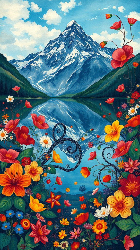 Mountain Lake with Abstract Flowers in Vibrant Colors