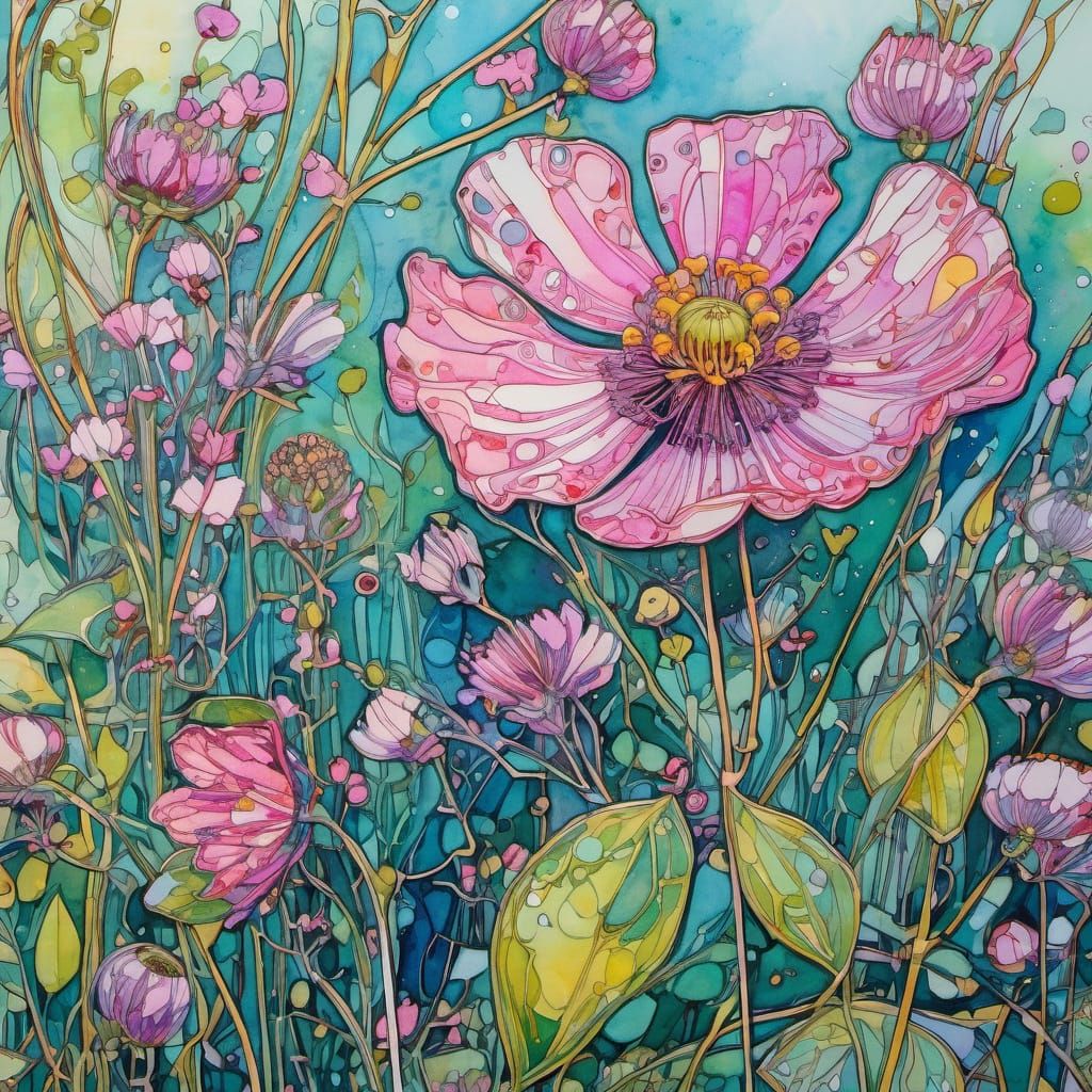 Pink Wildflower in Art Nouveau Style