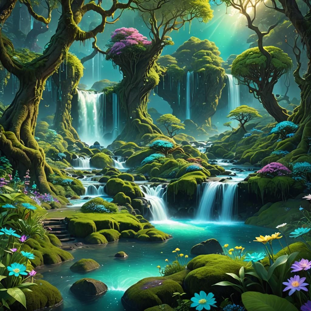 Enchanted Forest Glade with Waterfalls in Pastel Colors
