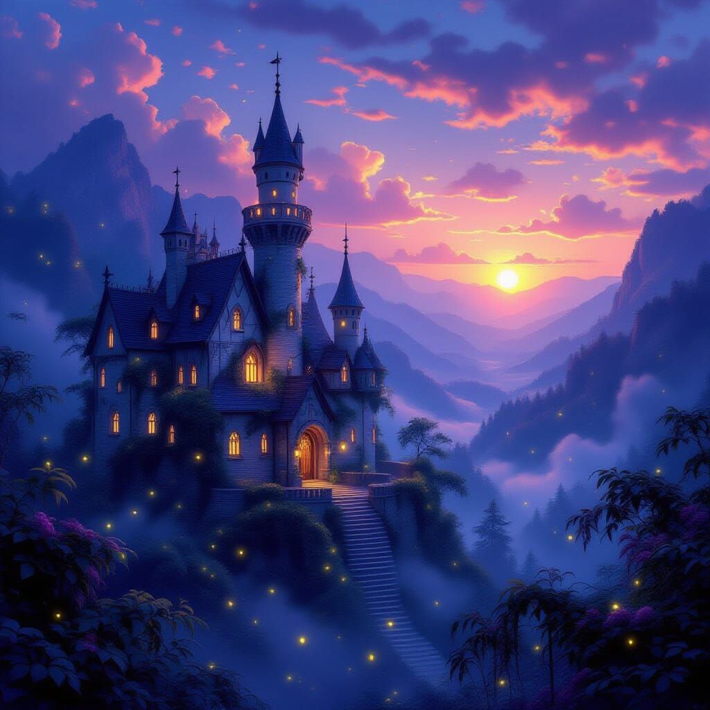 Ethereal Luminescent Castle at Sunset
