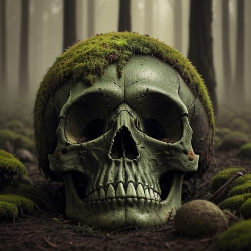 Surreal Skull Covered in Moss and Dirt
