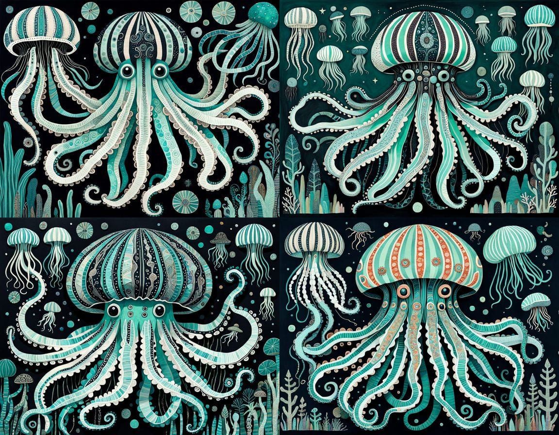 Vibrant Striped Jellyfish Octopus Hybrid Art in Textile Styl...