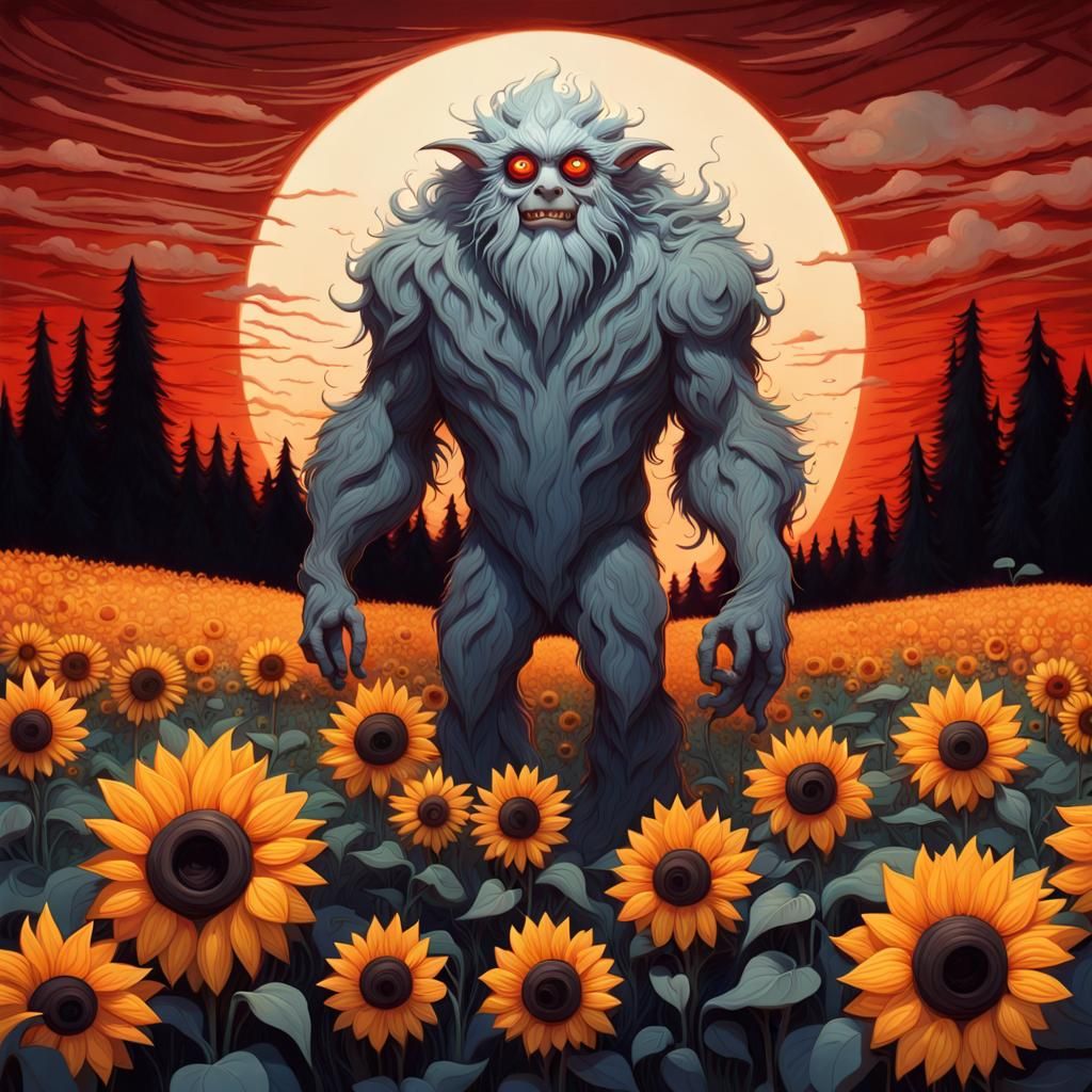 Yeti in Sunflower Field by Tim Burton