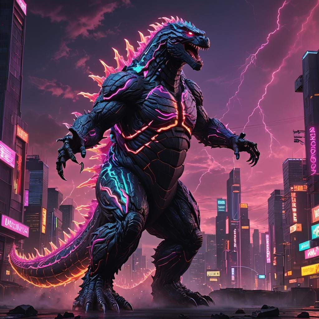 Godzilla with Neon Veins in Synthwave Style