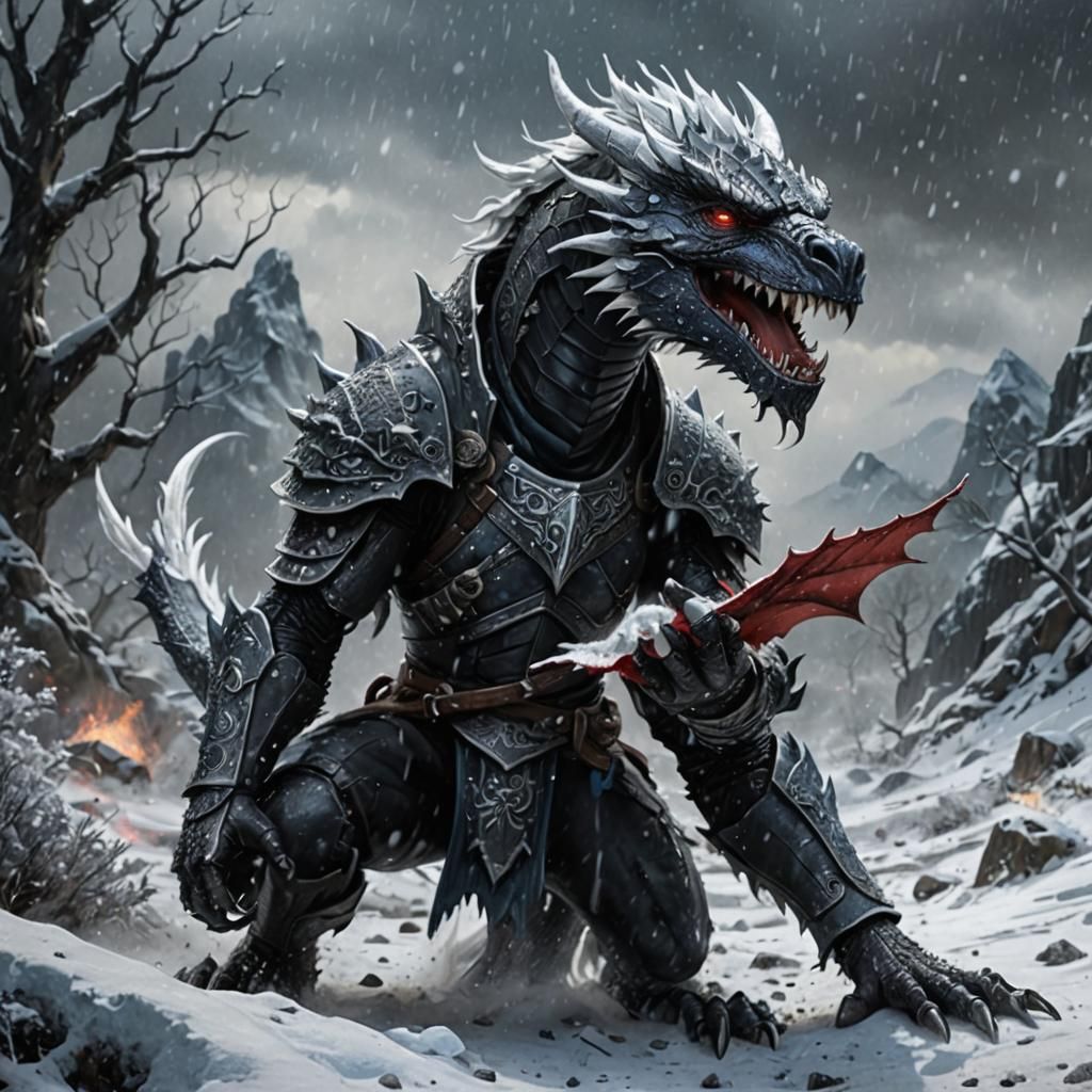 Raider and Dragon in Snowy Landscape