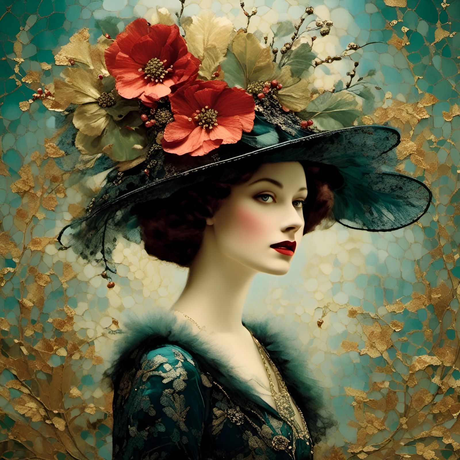 Elegant Christmas Lady in Mixed Media Collage