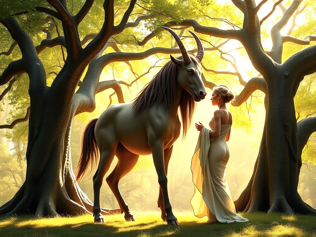 Majestic Centaur Engages Enchanting Nymph in Sun-Drenched Cl...