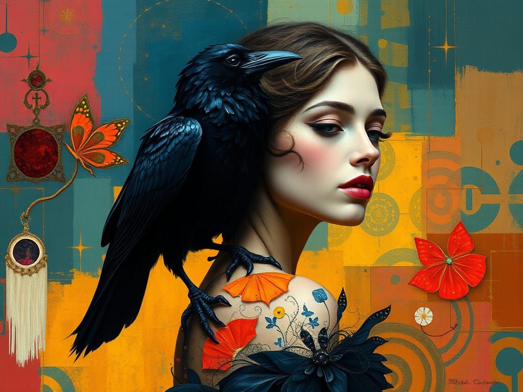 Mystical Figure with Raven Companion in Vibrant Abstraction