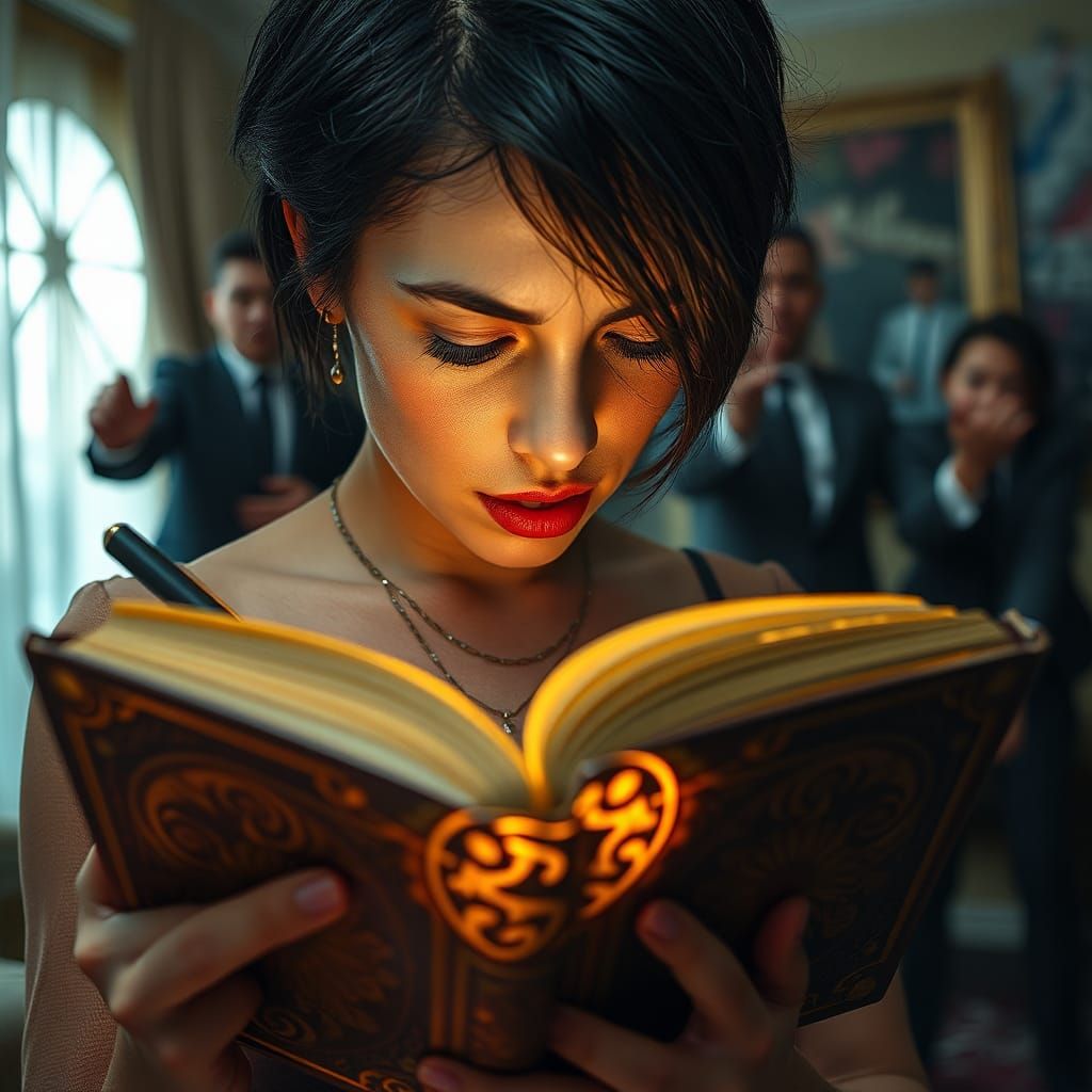 Frantic Woman Writes in Glowing Book