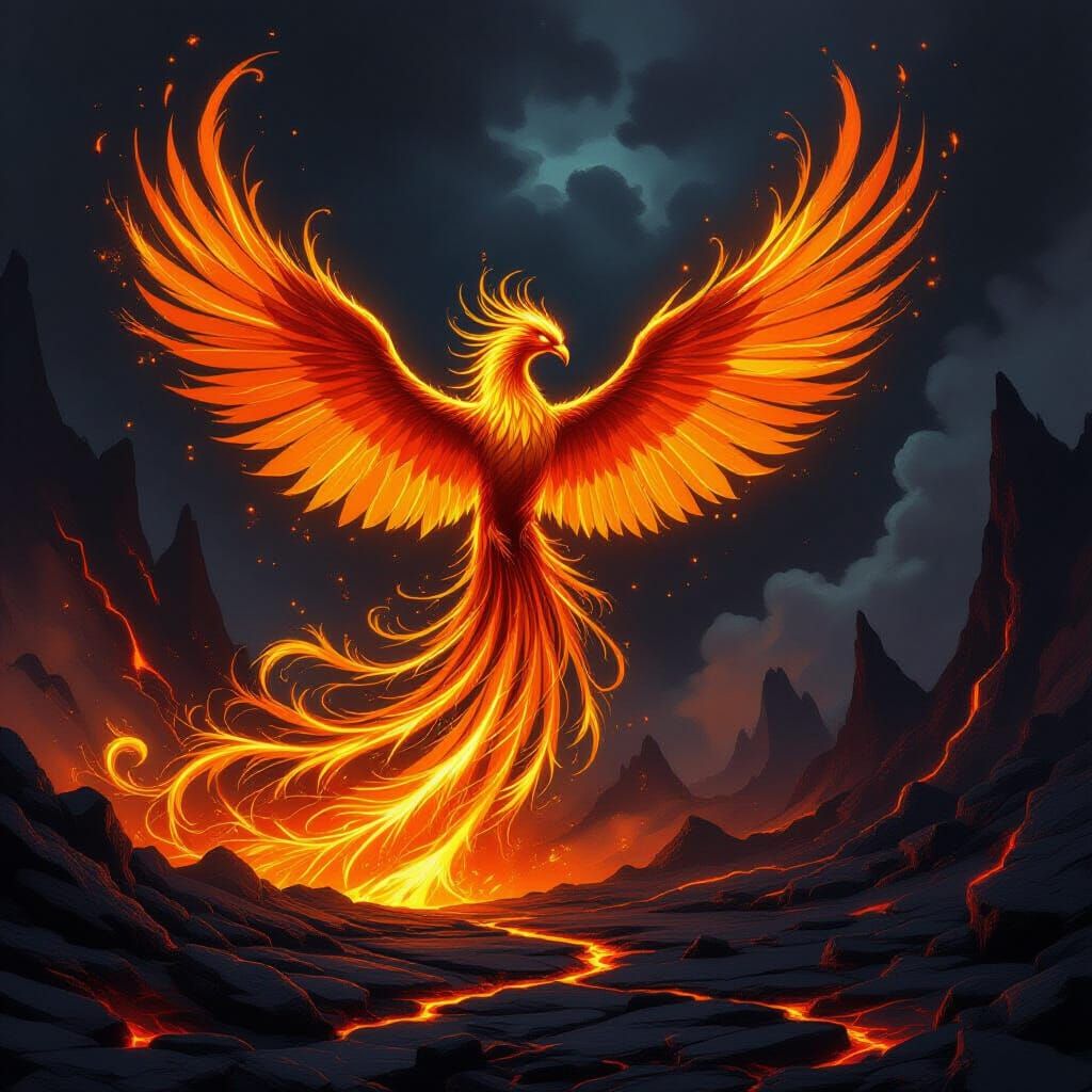 Golden Phoenix Rises from Volcanic Wasteland in Fantasy Art ...